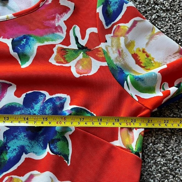 ILE New York Red Floral Midi Dress Womens 14 Bell Sleeves Tropical Whimsical - Picture 5 of 8
